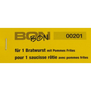Block Verpflegungsbon --br-- "1 Bratwurst mit Pommes Frites"