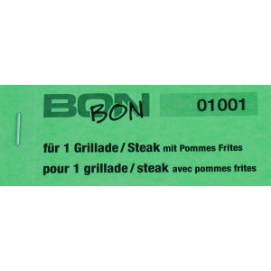 Block Verpflegungsbon --br-- "1 Grillade / Steak mit Pommes Frites"