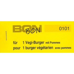Block Verpflegungsbon --br-- "1 Vegi-Burger mit Pommes"