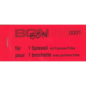 Block Verpflegungsbon --br-- "1 Spiessli mit Pommes Frites"