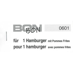 Block Verpflegungsbon --br-- "1 Hamburger mit Pommes Frites"